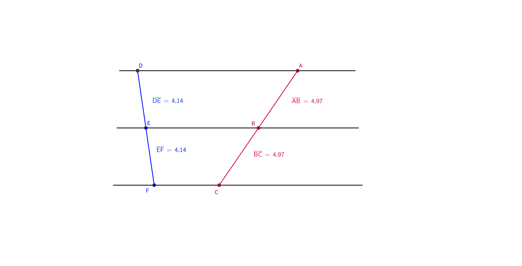 Worksheets Parallel Lines And Transversals Worksheet theorem 11 three parallel lines cutting a transversal geogebra drag the points to change position of transversals one so that de and ef are no longer equal