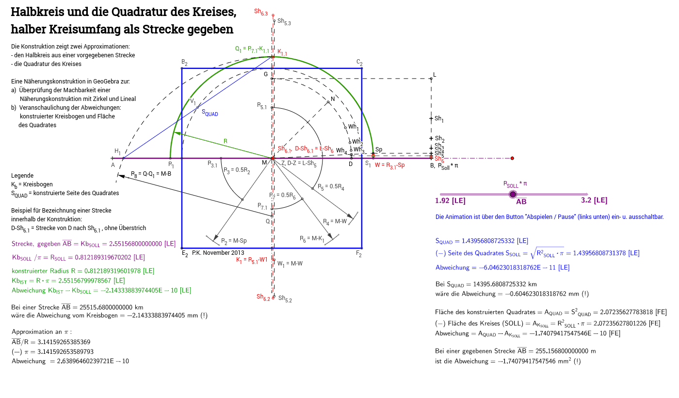 Halbkreis, Quadratur des Kreises, Strecke GeoGebra